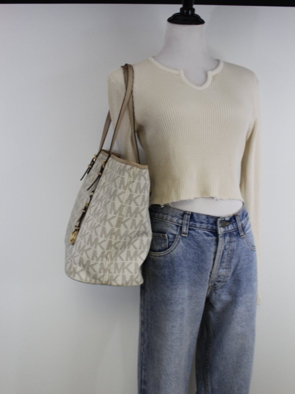 Michael Kors Large Logo Tote Cream Tan MK Shoulder Bag PVC Leather - Picture 2 of 13